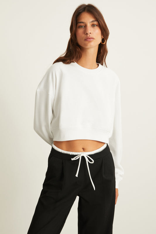 GRIMELANGE Rosela Women's Raised Warm Crew Neck Ecru Crop Sweatshirt Women