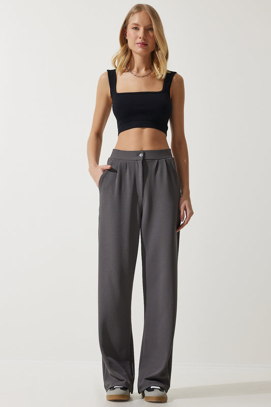 Happiness İstanbul Women's Gray Lycra Comfortable Palazzo Knitted Trousers Women
