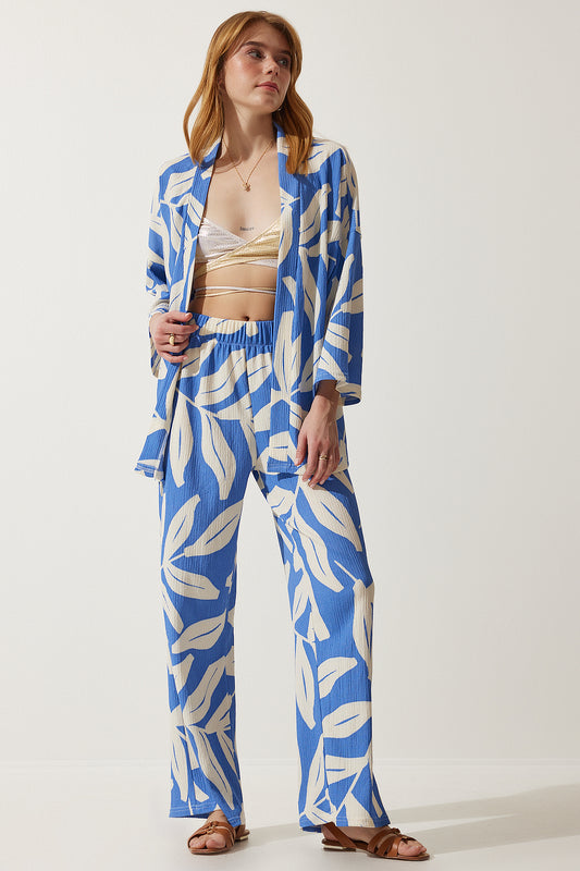 Happiness İstanbul Women's Sky Blue Patterned Crinkle Summer Jacket Palazzo Set Women