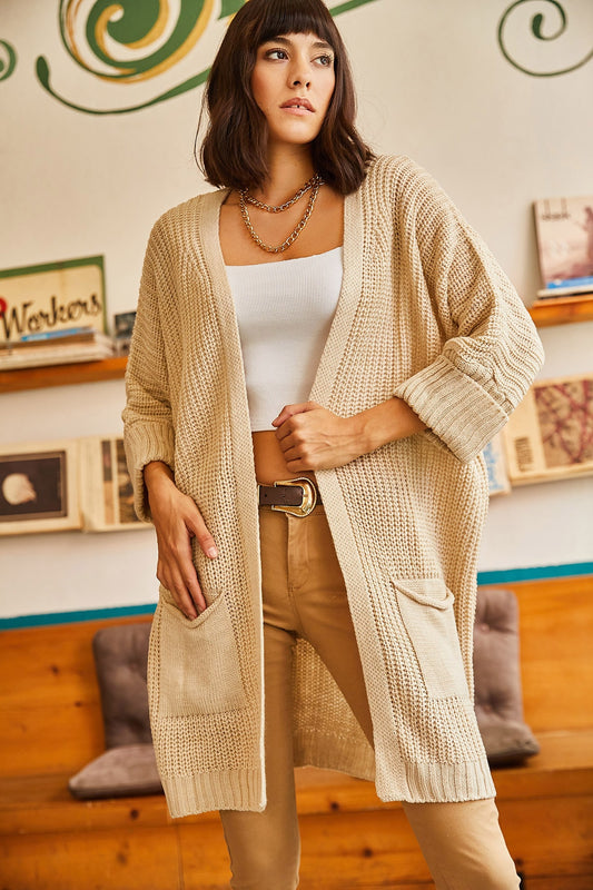 Olalook Women's Stone Sleeve Folded Pocket Loose Knitwear Cardigan Women
