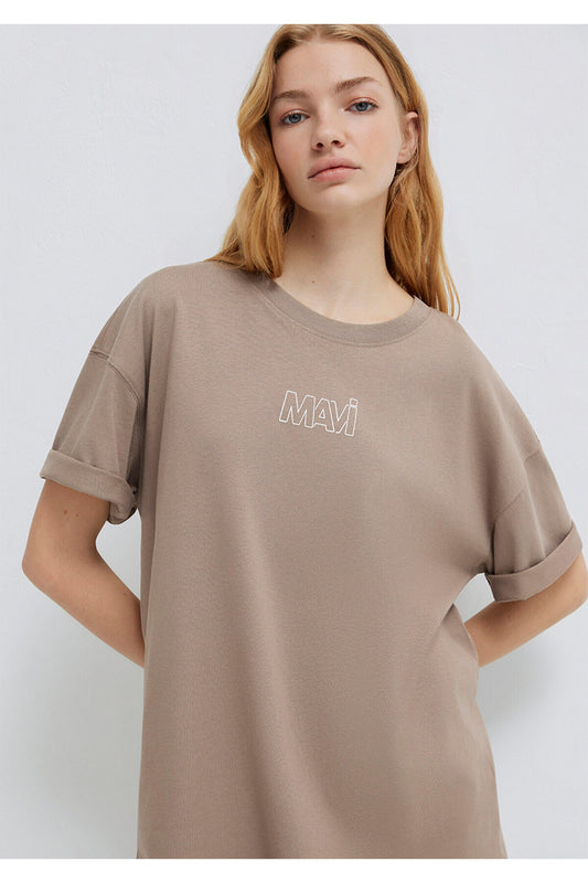 Mavi Logo Printed Beige T-Shirt Oversize - Wide Brown Women