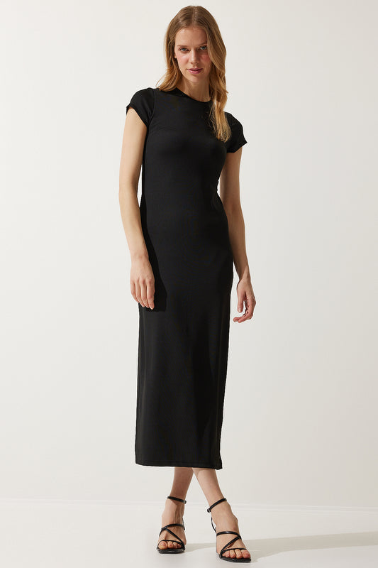 Happiness İstanbul Women's Black Ribbed Saran Knitted Dress Women