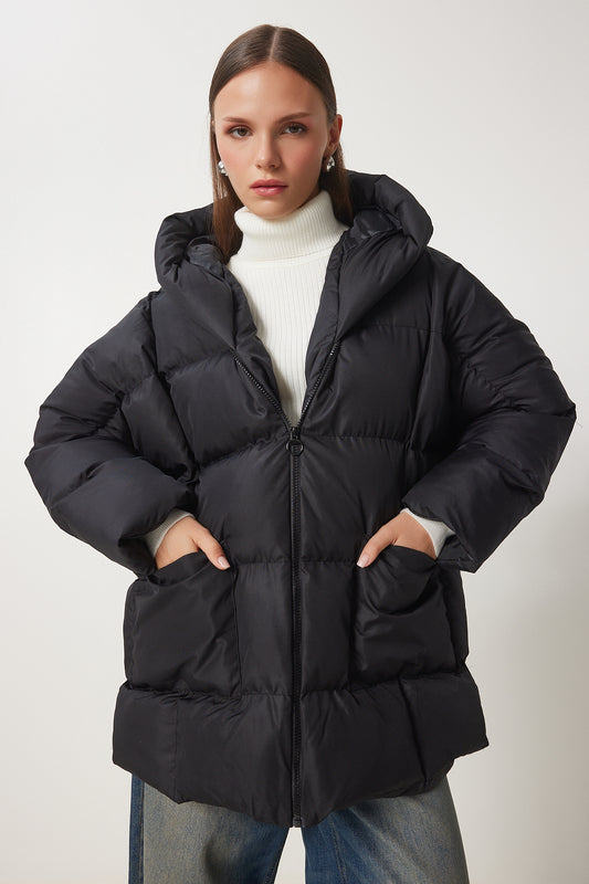 Happiness İstanbul Woman's Black Hooded Oversize Inflatable Coat Women
