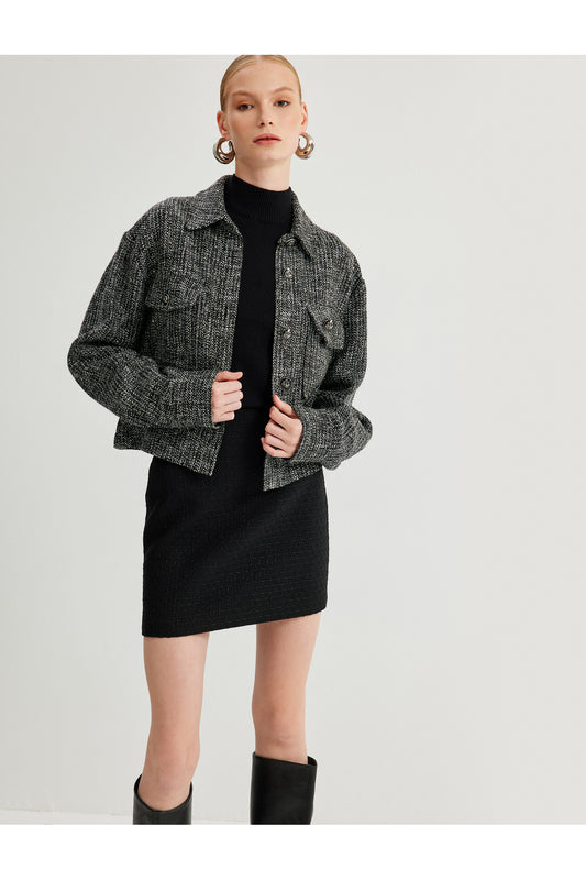 Koton Tweed Jacket with Flap Pocket Detail and Buttoned Shirt Collar Black Patterned Women