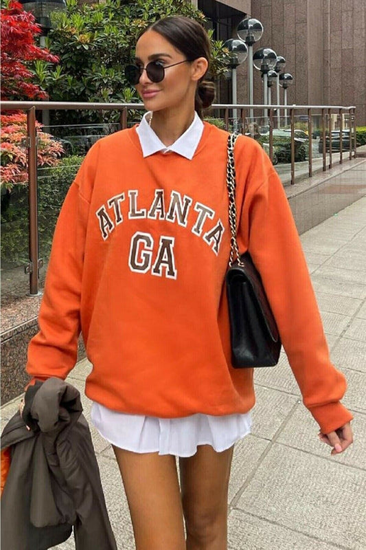 MODAGEN Women's Crew Neck Orange Atlanta Printed Oversize Sweatshirt Women