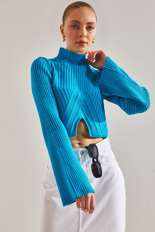 Bianco Lucci Women's Half Fisherman Patterned Crop Sweater Turquoise Women
