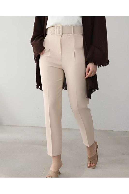 Modamorfo Thick Belted Fabric Trousers - Beige Women