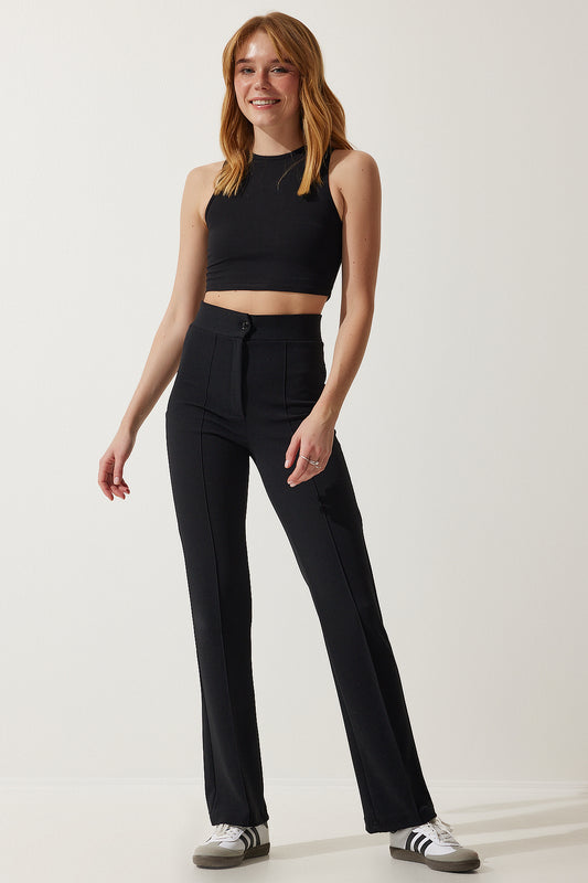 Happiness İstanbul Women's Black High Waist Lycra Comfortable Knitted Trousers Women