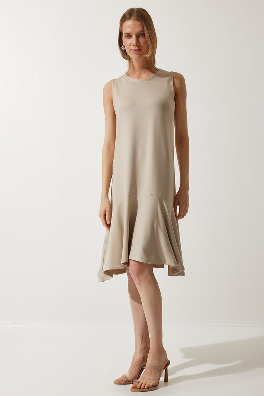 Happiness İstanbul Women's Beige Crew Neck Knitted Flounce Bell Dress Women
