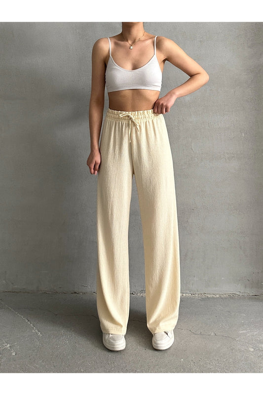 BEJNA Women's Cream Elastic Waist Palazzo Trousers Women
