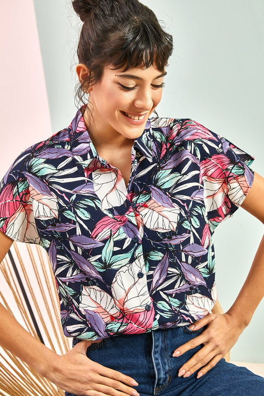 Bianco Lucci Women's Multi Patterned Bat Sleeve Shirt Navy Blue Women