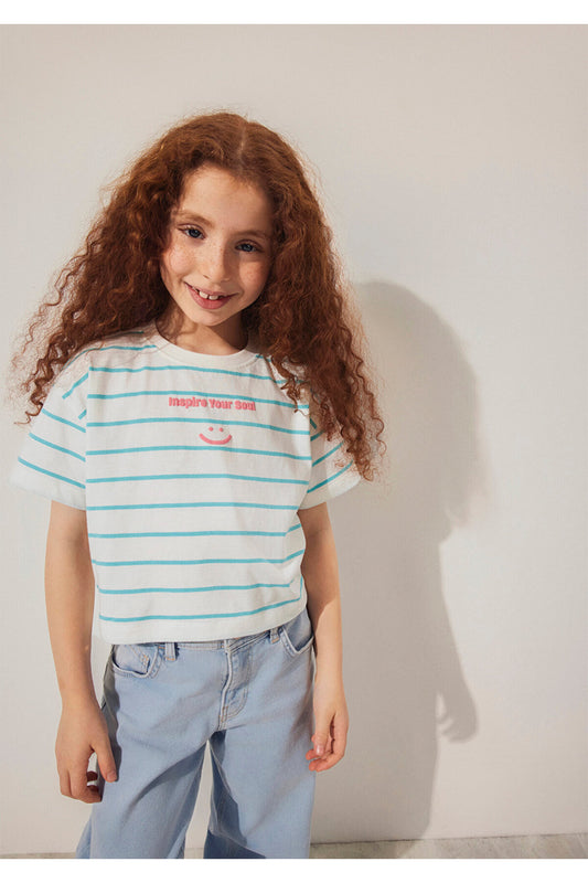 Mavi Printed Green Striped T-Shirt Loose Fit - Loose Relaxed Cut White Women
