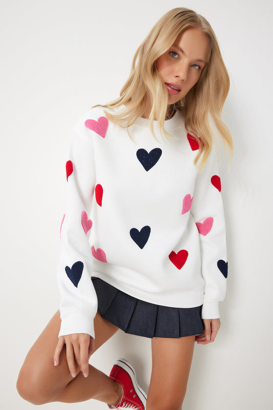 Happiness İstanbul Ecru Women's Sweatshirt - Heart and Textured, Shirt Women