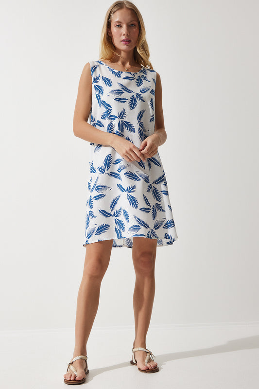 Happiness İstanbul Women's White Navy Patterned Linen Viscose Mini Dress White Navy Blue Women