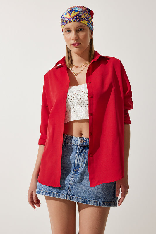 Happiness İstanbul Women's Red Oversize Long Basic Shirt Women