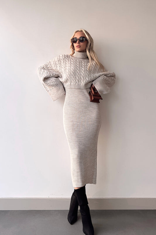 bacc Women's Stone Color High Neck Knitted Motif Sweater and Dress Knitwear Set Women
