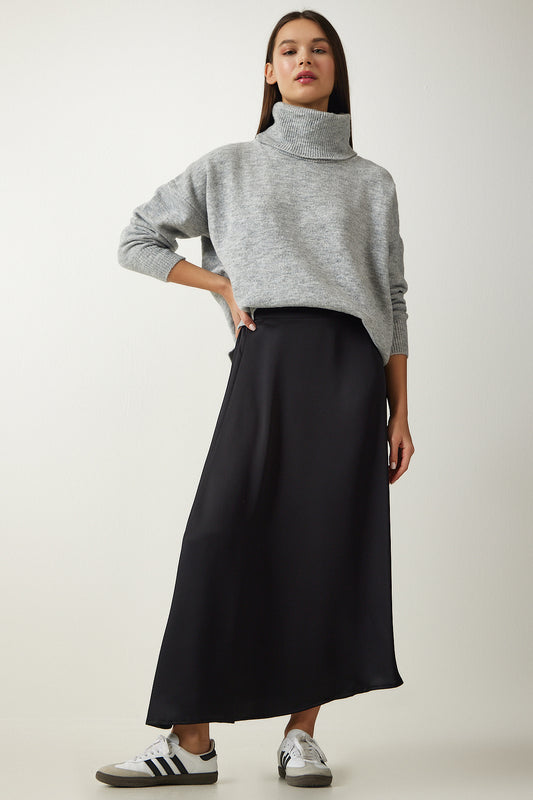 Happiness İstanbul Women's Black Asymmetrical Formed Satin Surface Skirt Women