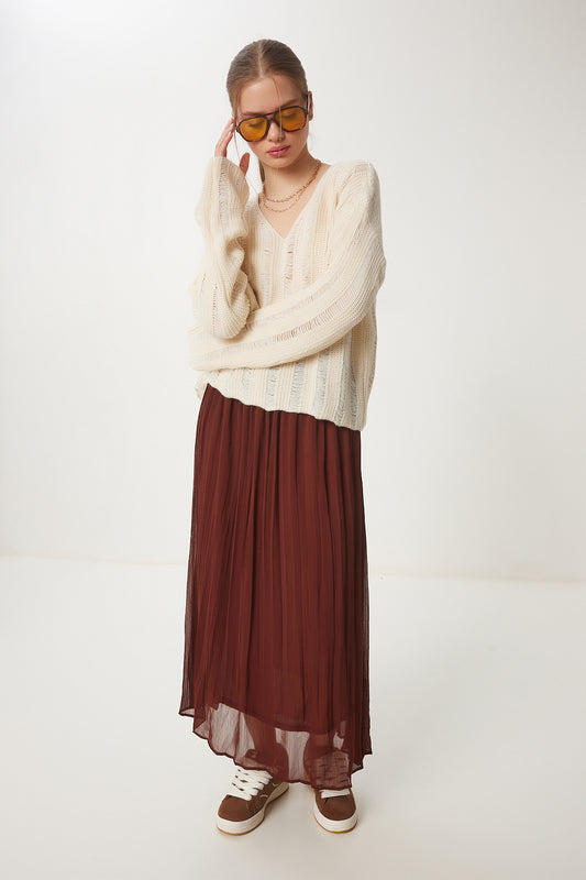 Happiness İstanbul Women's Cream Ripped Detailed Oversize Knitwear Sweater Women