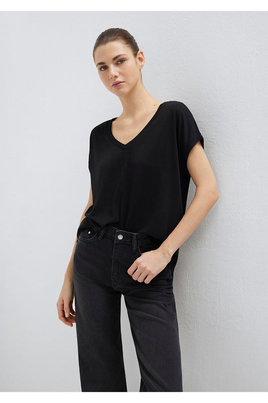 Mavi V-Neck Black Basic Viscous T-Shirt Loose Fit - Loose Relaxed Fit Women
