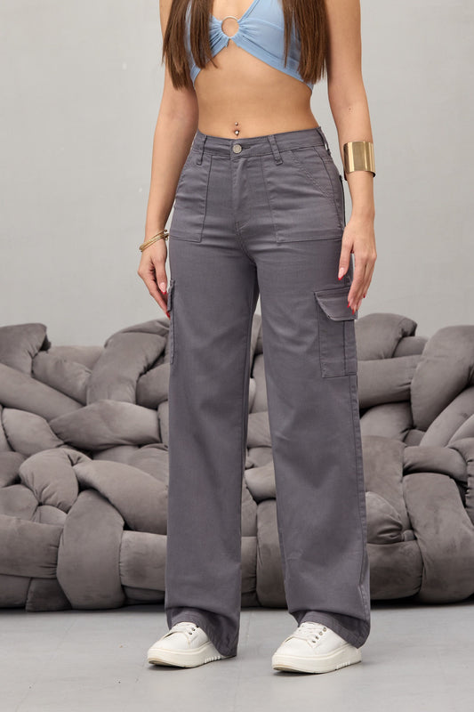 BİKELİFE Gray Cargo Pocket Lycra High Waist Wide Leg Trousers Women