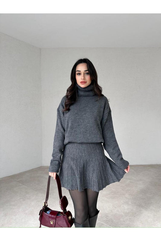 Mooi Butik Turtleneck Sweater - Pleated Skirt RORY Set - Anthracite Smoked Women