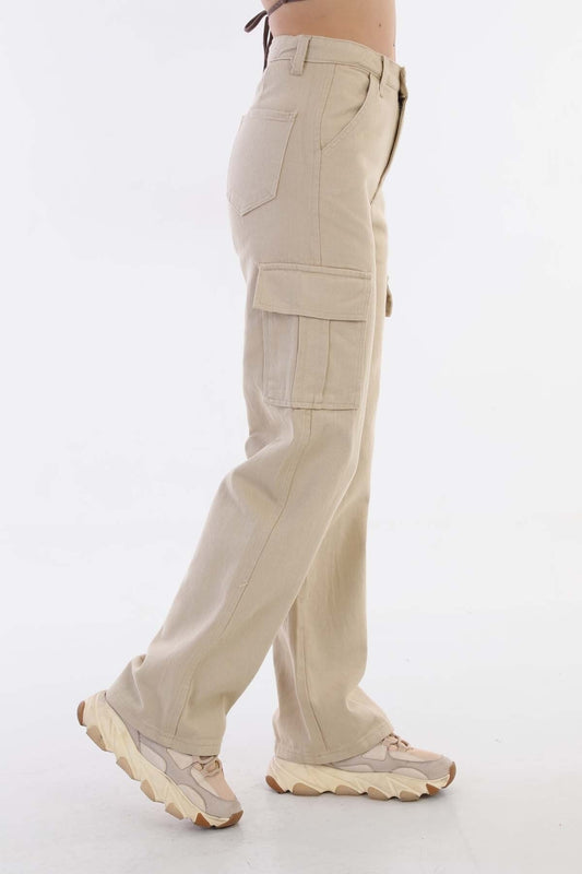 BİKELİFE Women's Beige High Waist Wide Leg Cargo Pants Women