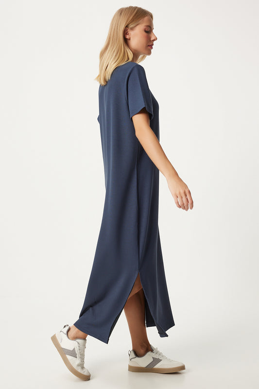 Happiness İstanbul Smoke Colored Long Knitted Summer Dress - Side Slit Smoked Women