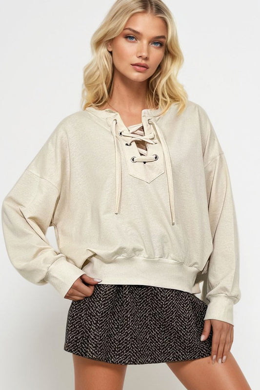 Trend Alaçatı Stili Women's Beige Lace-up Oversize Sweatshirt MDA Women