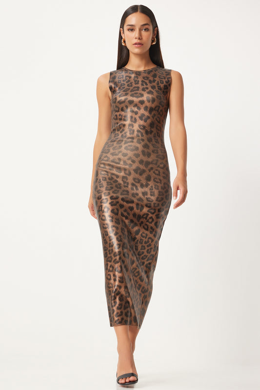 Happiness İstanbul Leopard Patterned Black Beige Women's Tight Dress Women