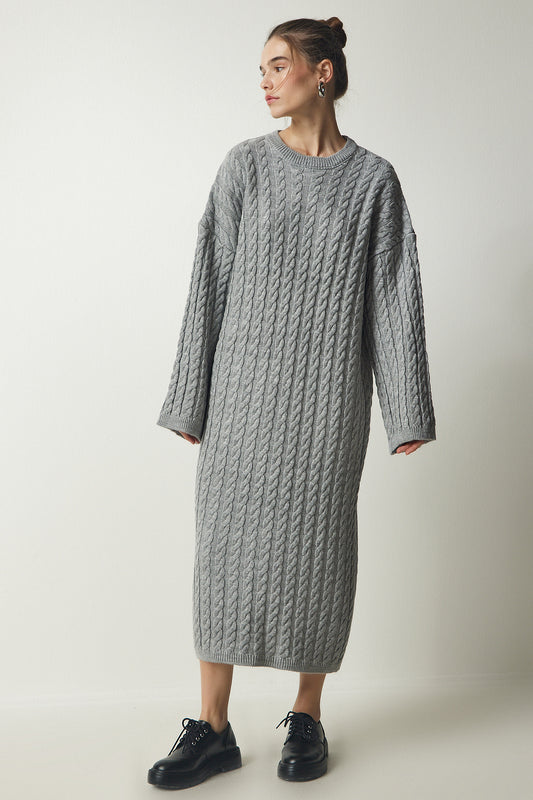 Happiness İstanbul Women's Gray Knitted Detailed Thick Oversize Knitwear Dress Women