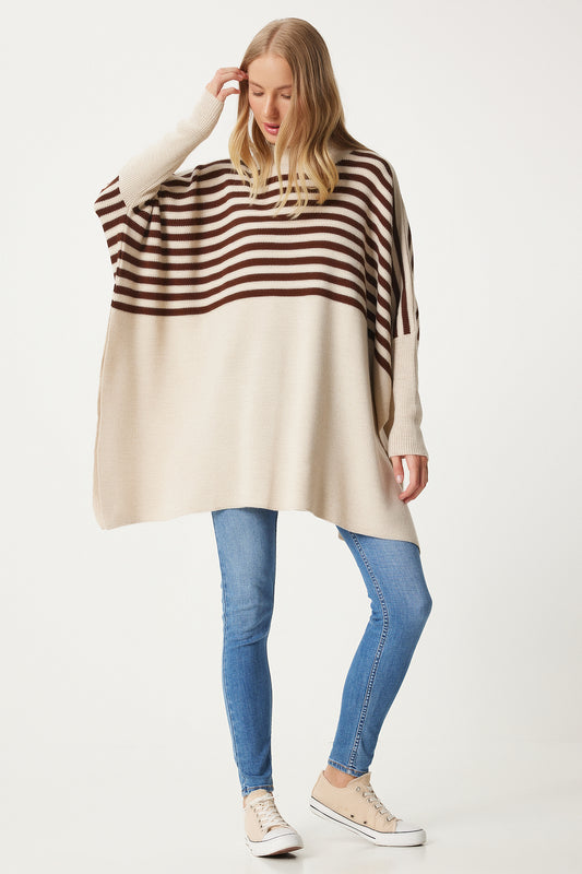 Happiness İstanbul Cream StripedOversizeSide Slit Women's Sweater Women