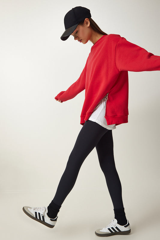 Happiness İstanbul Women's Red Zipper Detailed Raised Knitted Sweatshirt Women