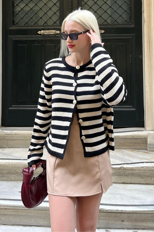 Madmext Black Striped Crew Neck Gold Button Detailed Cotton Cardigan Women