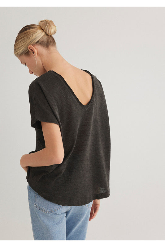 Mavi Anthracite Textured T-Shirt - Loose Fit Loose Fit Grey Women