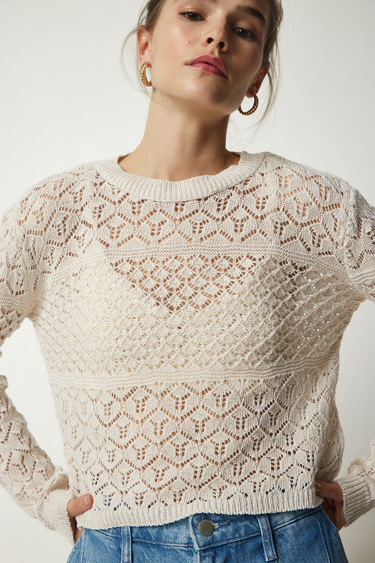 Happiness İstanbul Women's Cream Curved Knit Sweater Women