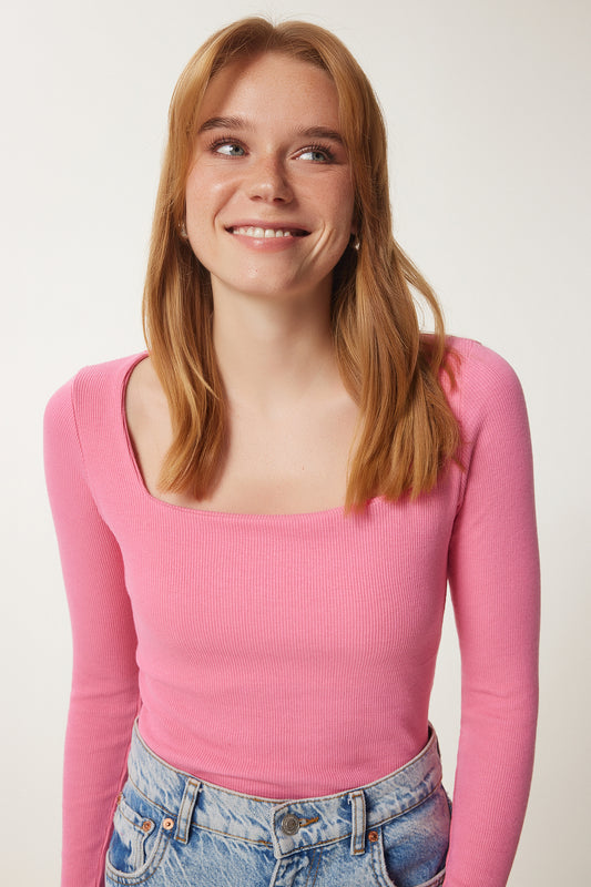 Happiness İstanbul Women's Pink Square Collar Ribbed Knitted Blouse Women