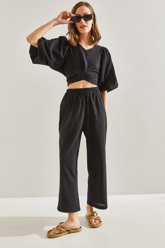 Bianco Lucci Women's Front Tie Balloon Sleeve Detailed Top and Bottom Set Black Women