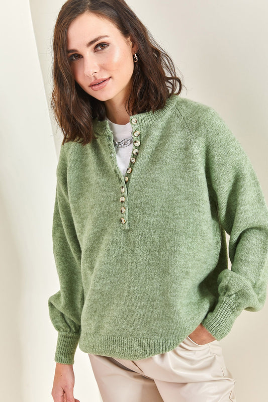 Bianco Lucci Women's Buttonhole Turtleneck Knitwear Sweater Aqua Green Women