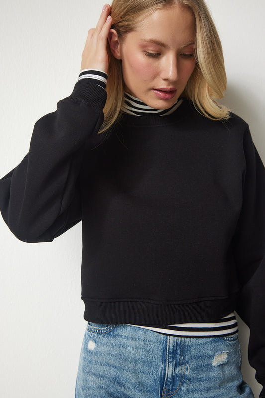 Happiness İstanbul Women's Black Raised Crop Sweatshirt Women