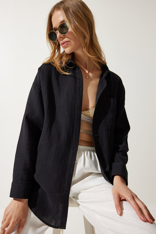 Happiness İstanbul Women's Black Pocket Oversize Muslin Shirt Women