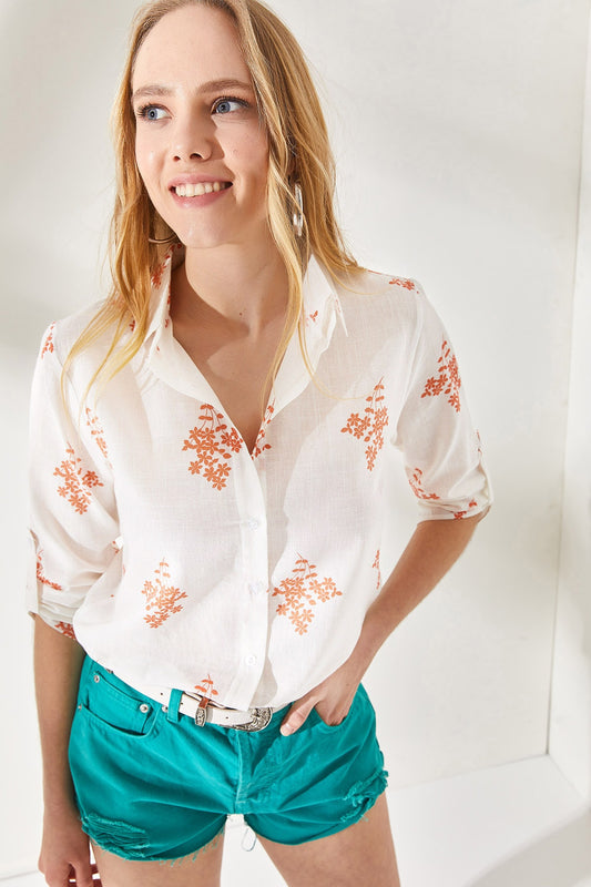 Olalook Women's Floral Orange Sleeve Folded Linen Shirt Flower Orange Women