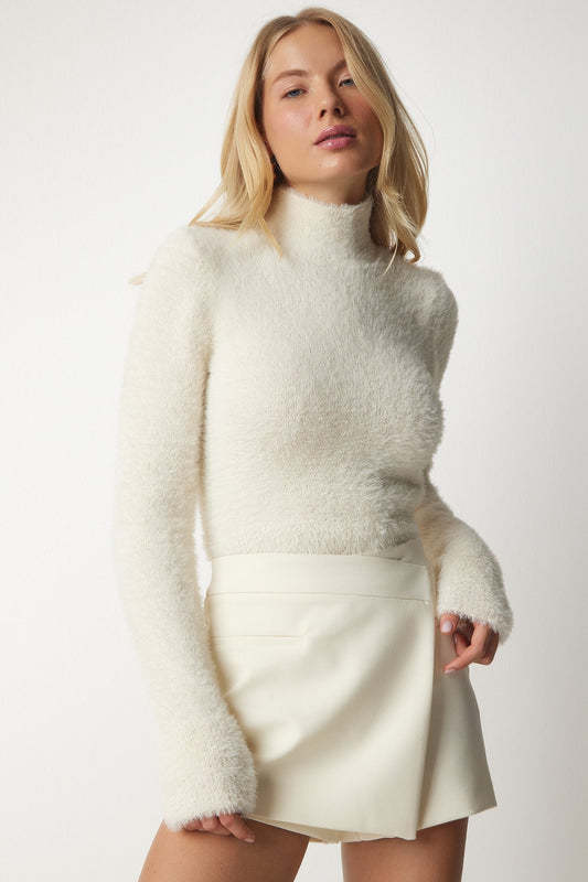 Happiness İstanbul Women's Cream Turtleneck Bearded Knit Sweater Women