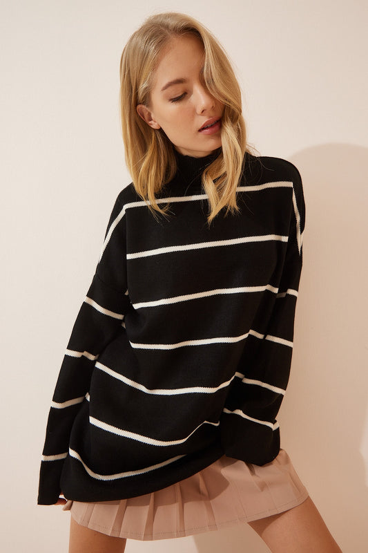 Happiness İstanbul Woman's Black Striped Oversize Long Knitwear Sweatshirt Women