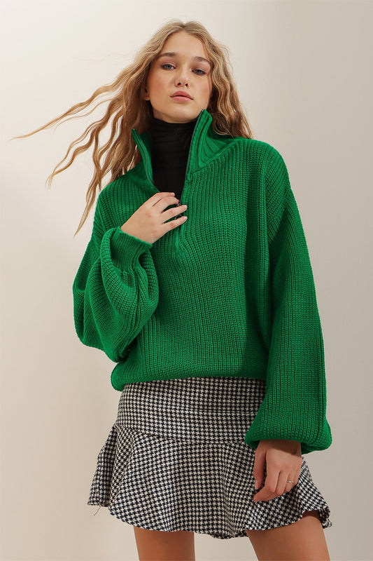 Trend Alaçatı Stili Women's Green Front Zippered Thessaloniki Knit Stand Collar Knitwear Sweater ALC Women
