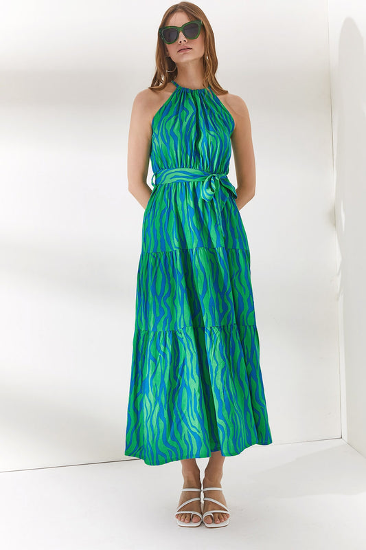 Olalook Women's Zebra Green Halter Collar Belted Woven Viscon Dress Women