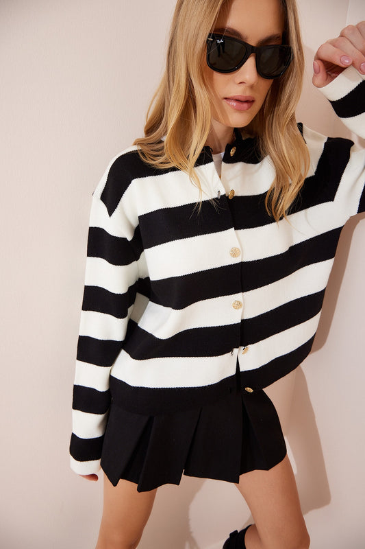Happiness İstanbul Women's Black Ecru Crew Neck Striped Knitwear Cardigan Women