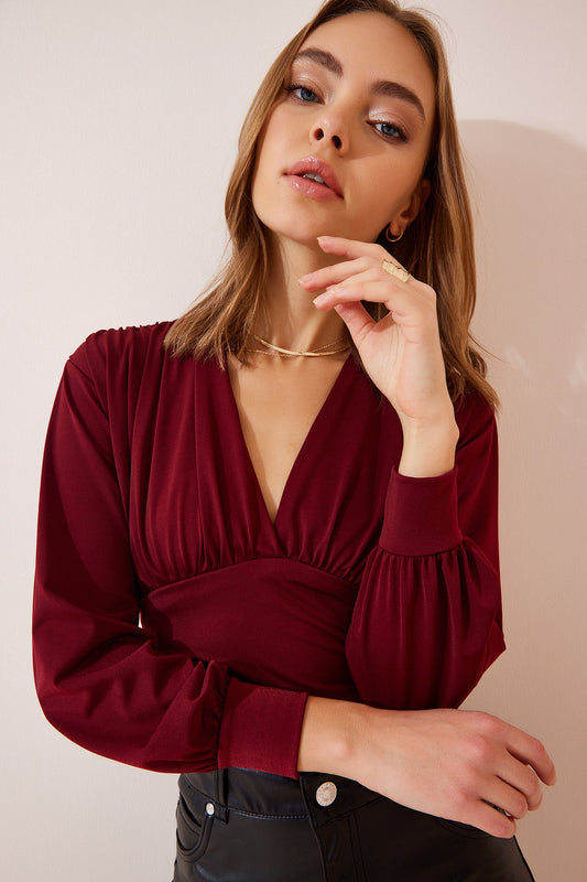 Happiness İstanbul Women's Claret Red Deep V-Neck Crop Sandy Knitted Blouse Burgundy Women