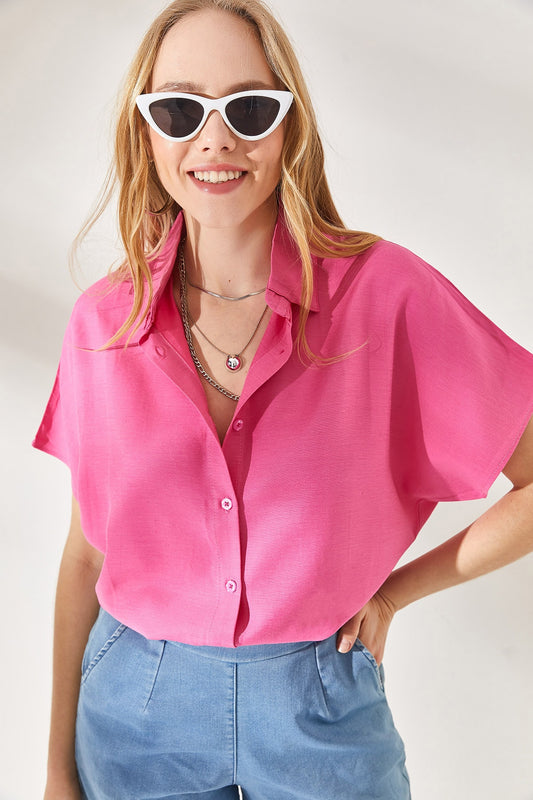 Olalook Women's Pink Bat Oversize Linen Shirt Women