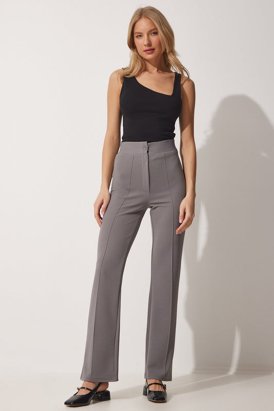 Happiness İstanbul Women's Gray High Waist Lycra Comfortable Knitted Trousers Women