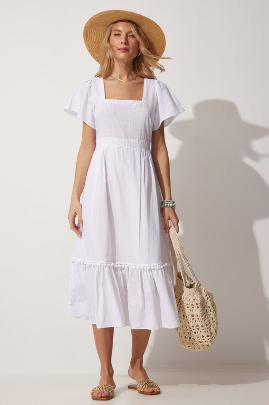Happiness İstanbul Women's White Square Collar Linen Dress Women